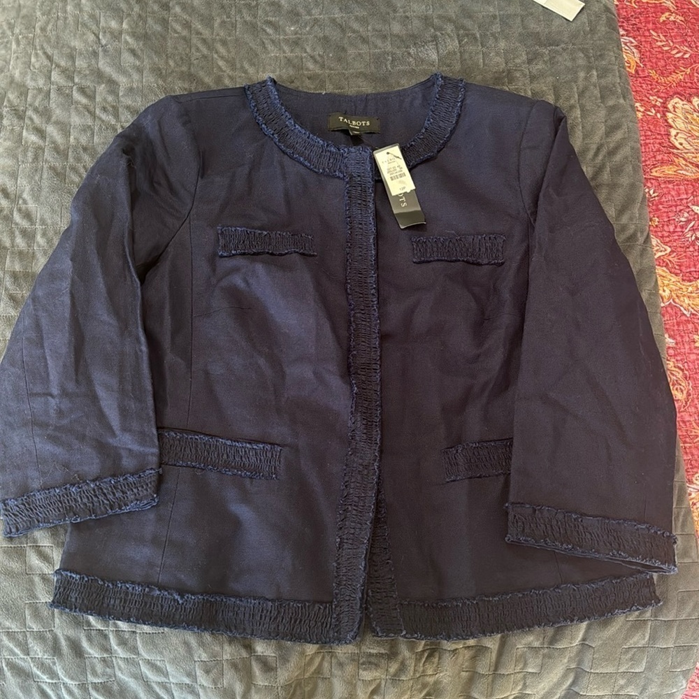 Talbots NWT Coastal Navy Blue Linen Blend Snap Button Blazer with Ruffle Trim